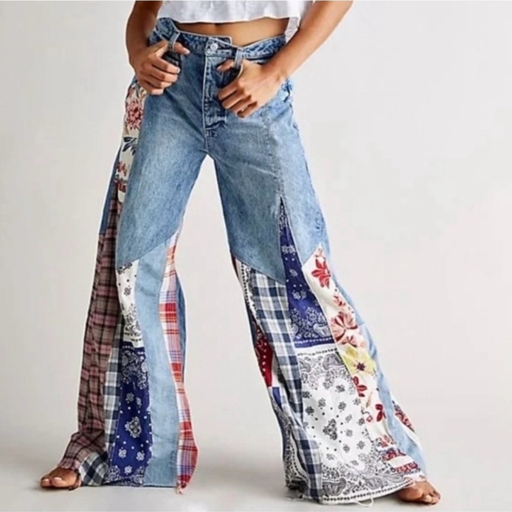 Free People Coetez Bandana Wide Leg Patchwork Jeans